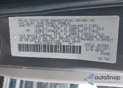 2003 Toyota Sequoia Sr5 V8 из США, поврежденный, VIN 5TDZT34A83S175908